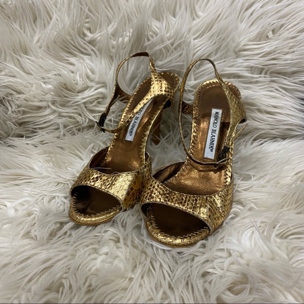 RARE Gold Alligator Strappy Manolo Blahnick